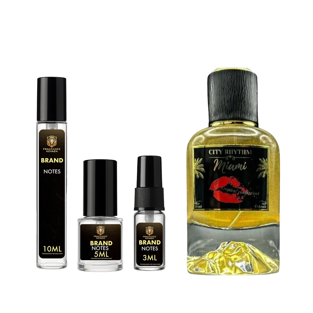 City Rhythm Miami Tropical Confessions fragrance bottle and decant spray vials