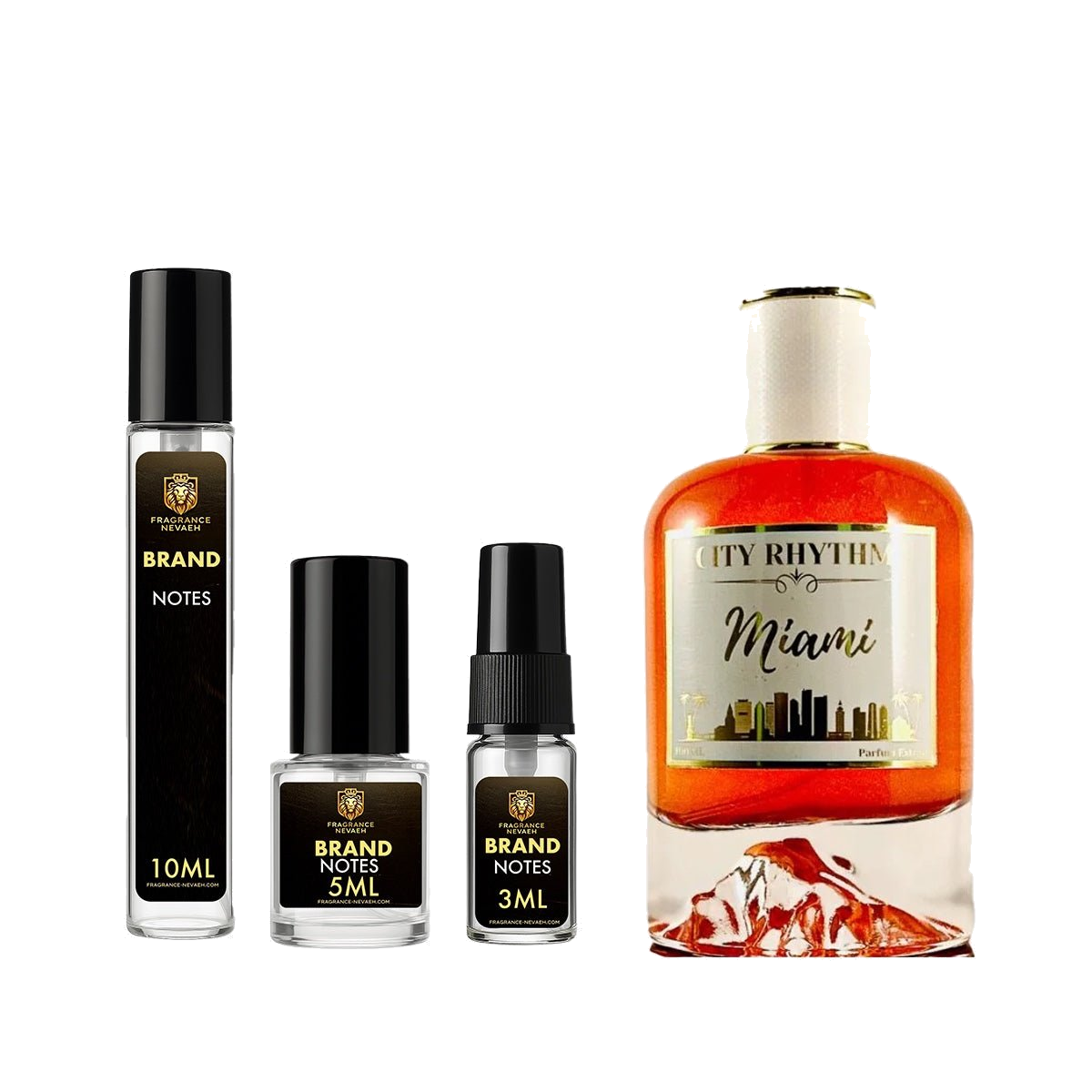 City Rhythm Miami fragrance bottle and decant spray vials