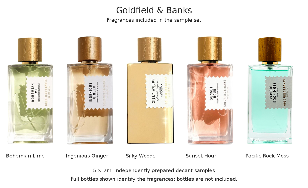 Goldfield & Banks independent decant sample collection; full bottles identify fragrances and are not included.